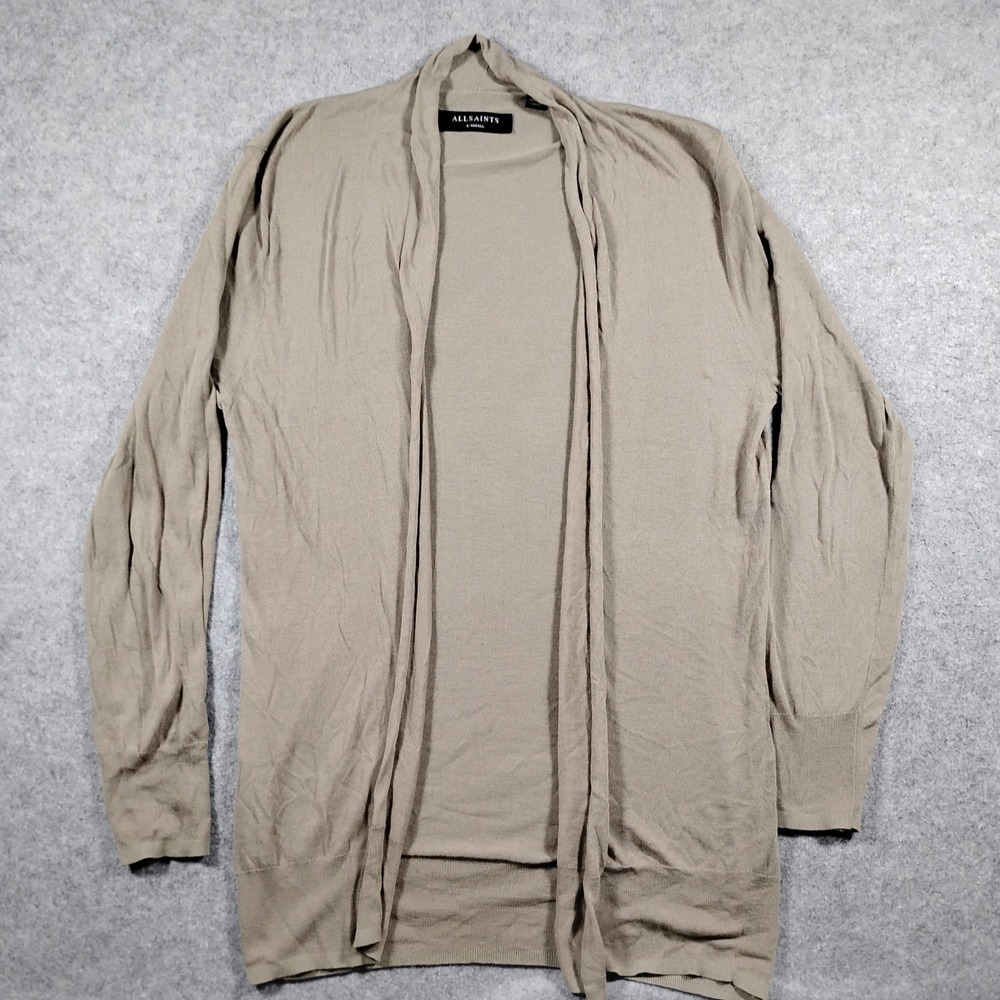 AllSaints Mens XS Taupe Brown Mode Merino Silk Knit Open Front Drape Cardigan